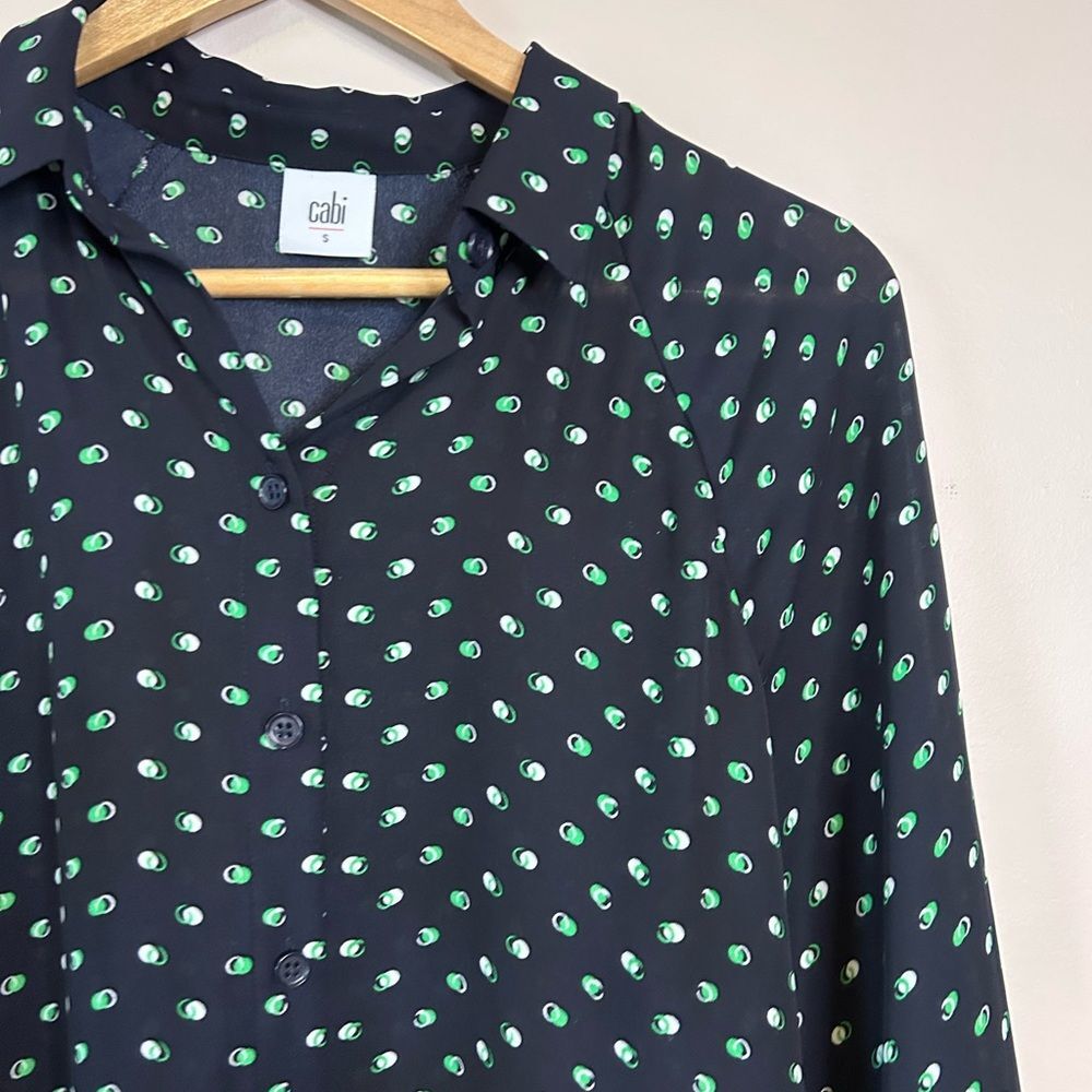 CAbi Navy Green Polka Dot Chiffon Button Down Long Sleeve Shirt Size Small - Picture 3 of 7